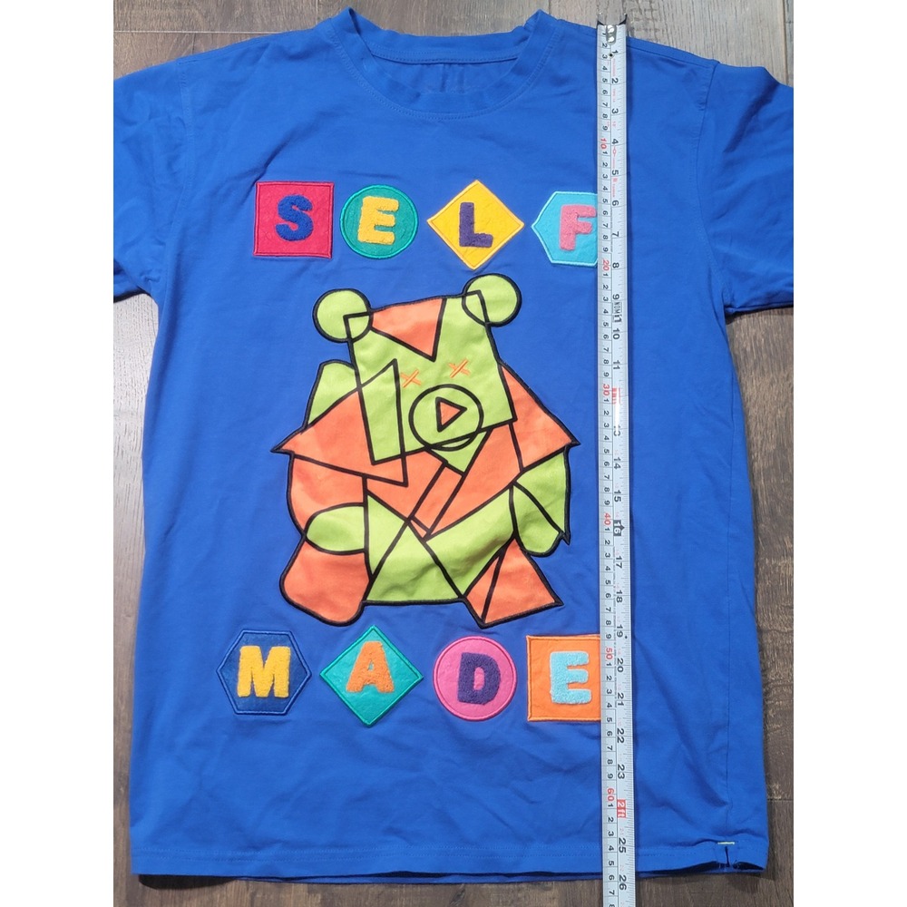 Black Market Self Made Bear Graphic Blue T-Shirt‎ Mens Small Chenille Patches